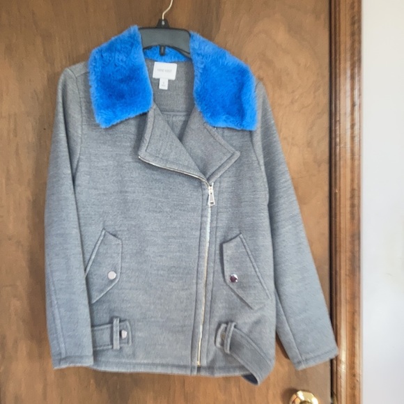 Nine West coat faux fur collar blue collar gray coat moto like style size S - Picture 11 of 17